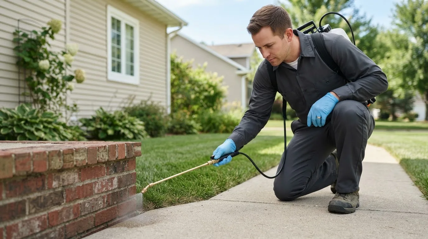 Pest control technician treating a home near Saint Marys City, MD
